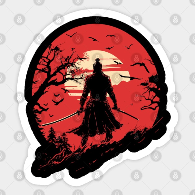 Samurai Illustraion Vintage Sunset Sticker by DetourShirts